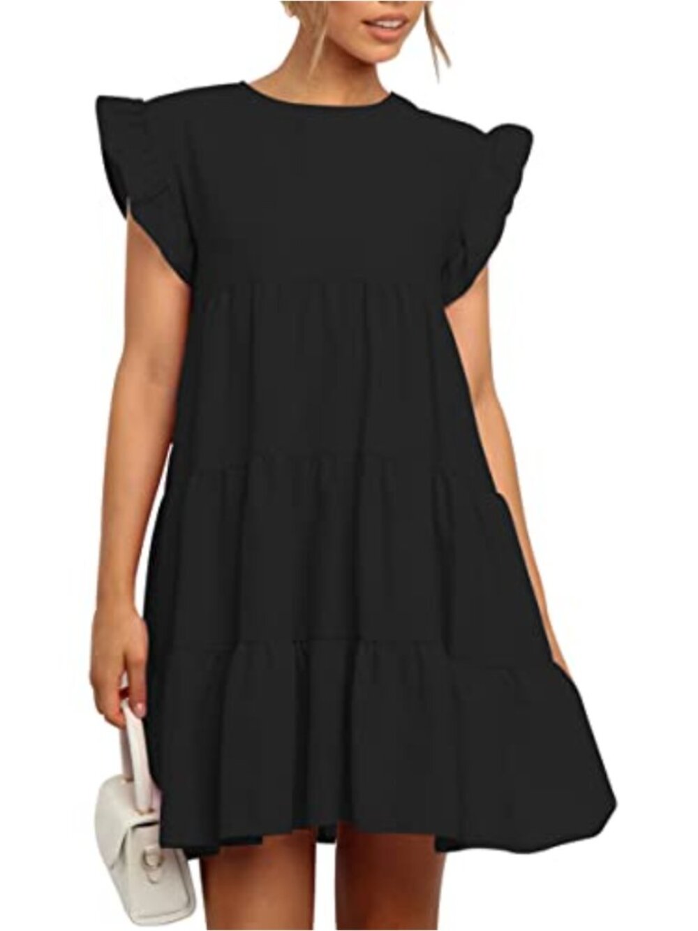 Ruffle Sleeve Tiered Babydoll Tunic Dress with Pockets, Loose Fit, Cotton,